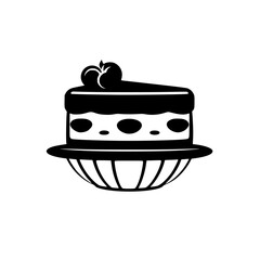 Bold black and white stylized illustration of a cake slice with cherries on top, on a decorative serving dish.