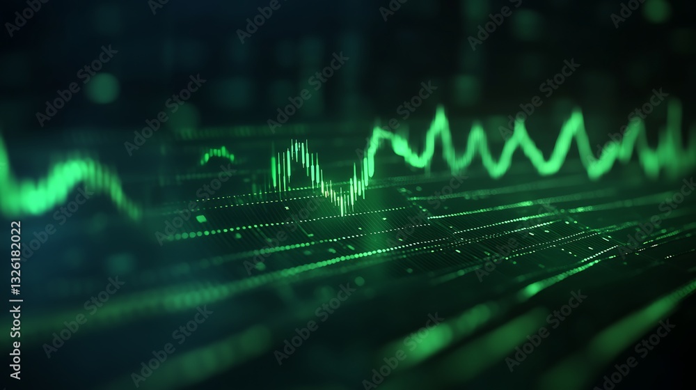 Poster abstract green sound waves visualization with digital grid background for technology and audio conce