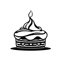 Minimalist Black and White Illustration of a Layered Cake with Swirled Frosting and a Decorative Flame on a White Background.