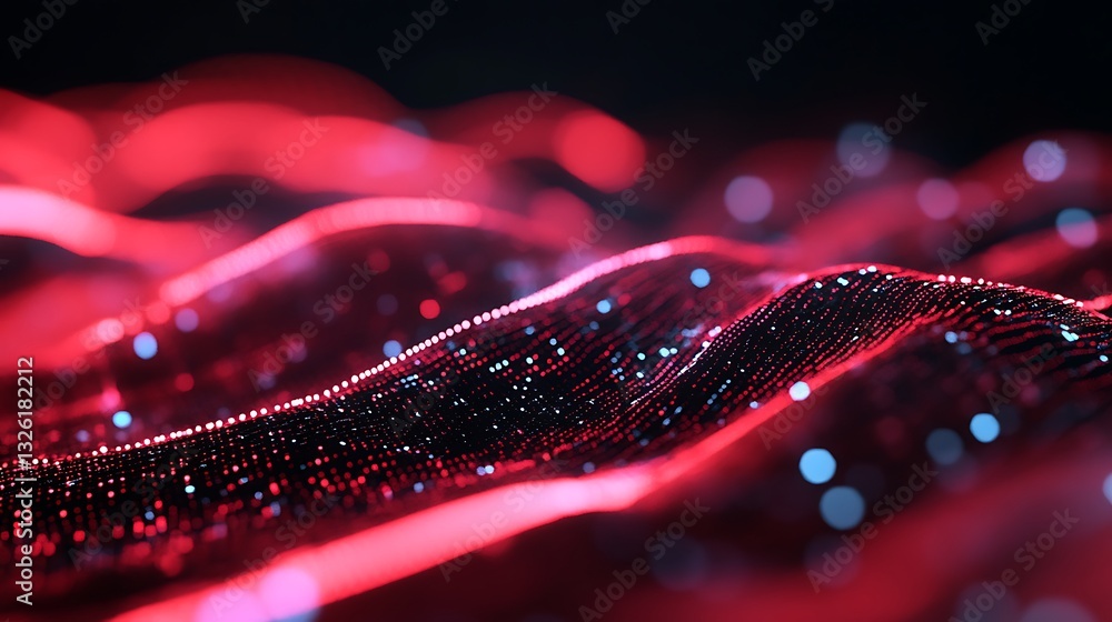 Poster abstract neon waves of light with shimmering particles in motion, creating a dynamic digital landsca