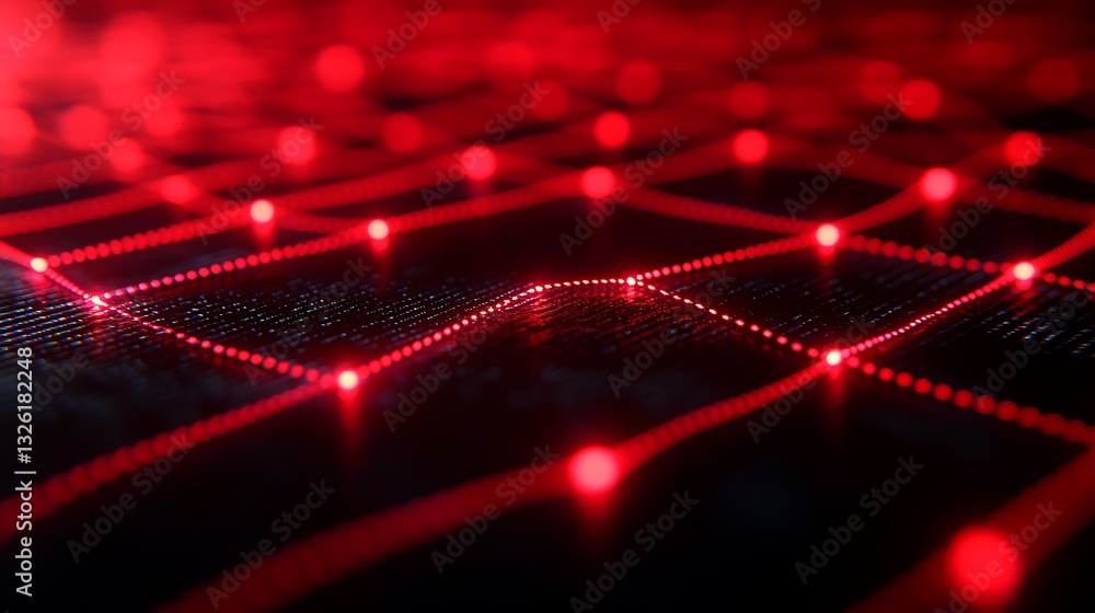 Poster Abstract Red Light Wave Network on Dark Background with Dots and Lines Representing Data Transmission Flow