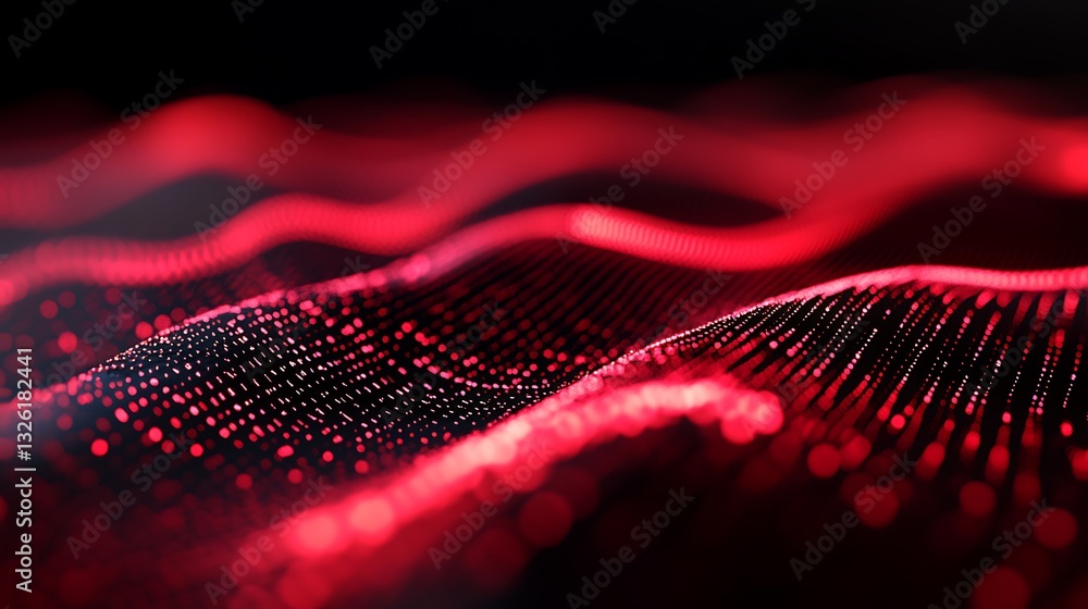 Poster abstract red waves with digital particles creating a fluid motion and depth in a dark background