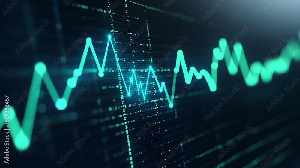 Poster abstract representation of digital data flow with chart lines and points in vibrant green and blue c