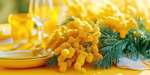 A table setting with yellow flowers and decorative plates