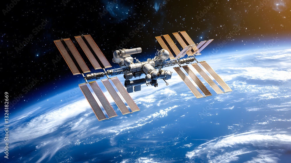Poster space station orbiting earth surrounded by stars in a serene atmosphere with a vast cosmic backgroun