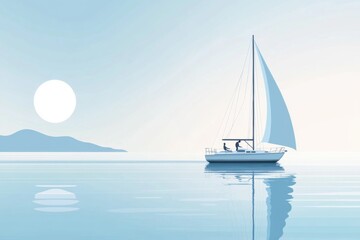 Fototapeta premium Minimalist illustration of yacht skipper navigating sailboat through calm waters under the sun