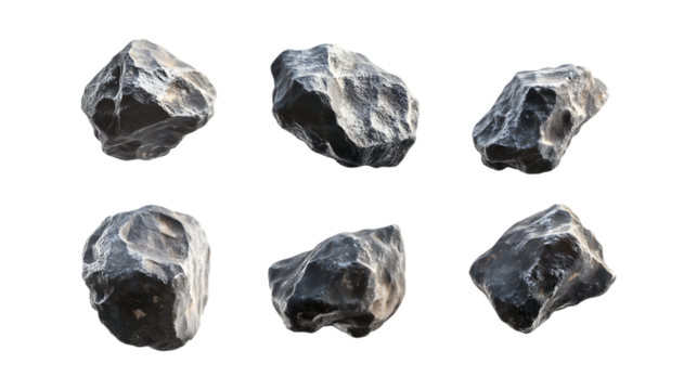 Pack Asteroid Set in Different Poses Against Transparent Background for Space Exploration, Astronomy Education, or Sci-Fi Design