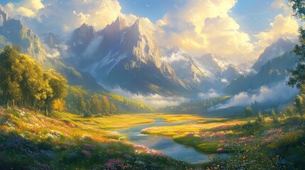 Vibrant Mountain Landscape Painting with Colorful Wildflowers and Majestic Peaks under Clear Sky