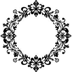 Intricate Black and White Floral Wreath: Circular Design with Detailed Blossoms, Leaves, and Decorative Elements