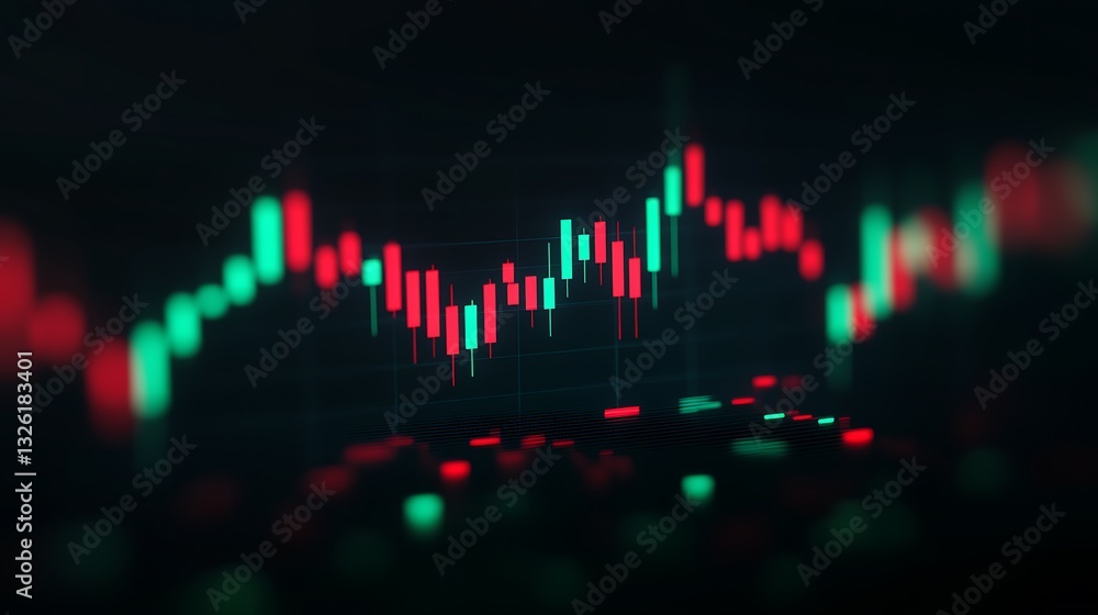 Poster abstract stock market chart with colorful candlestick patterns and trading indicators in dark backgr