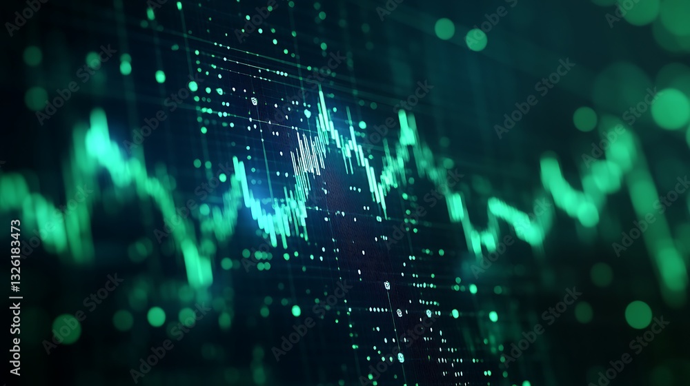 Poster abstract stock market chart with digital graphs and bright green elements on a dark background