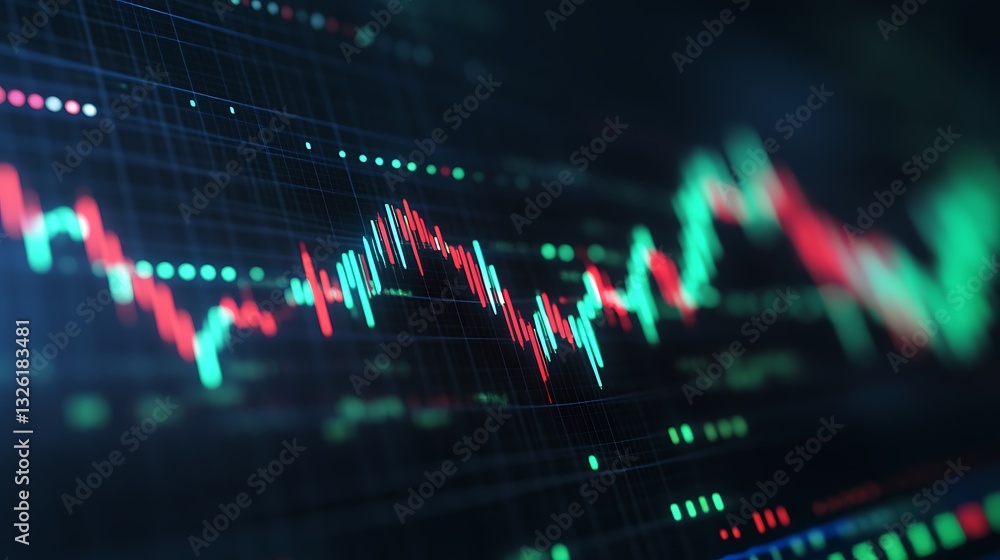 Poster abstract stock market chart with green and red candlestick graphs showing fluctuating trends and dat