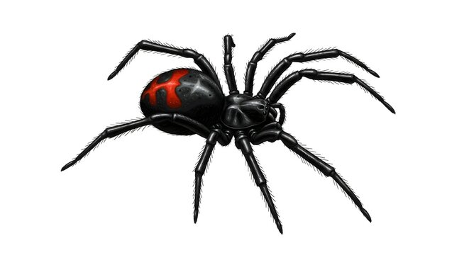 A detailed illustration of a Redback or Black Widow spider, isolated on a white background, showcasing its distinctive markings and features.