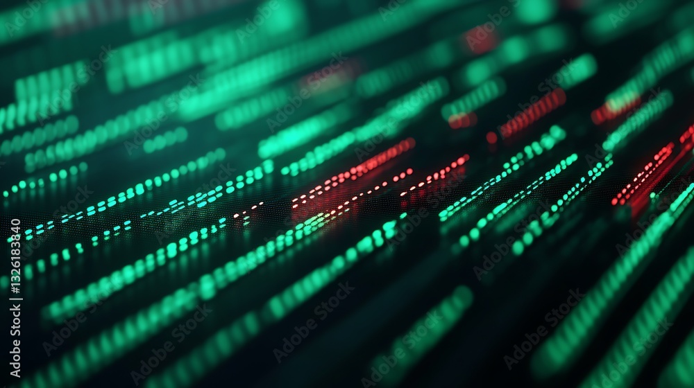 Poster abstract technology background with vibrant red and green data lines and digital patterns on dark su