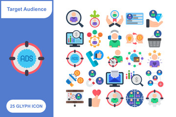 Targeted Audience Flat Icon Set, Collection of 25 Targeted Audience Flat Icon Set – 25 Marketing, Customer, and Demographic Icons