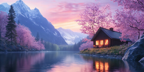 Fototapeta premium Tranquil Mountain Lake Sunset with Cozy Cabin and Cherry Blossoms