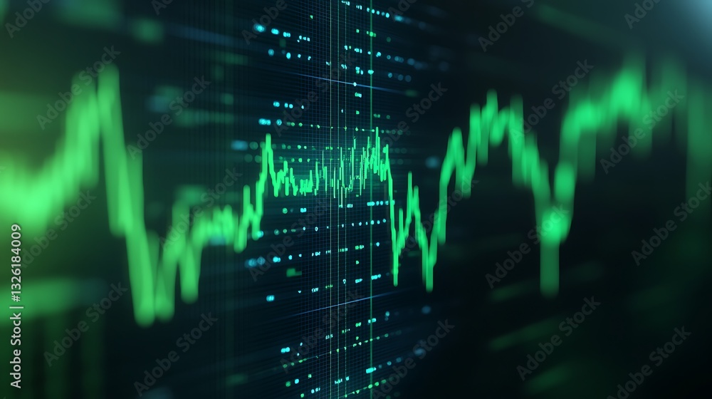 Poster abstract visual representation of financial data with green graph lines on dark background