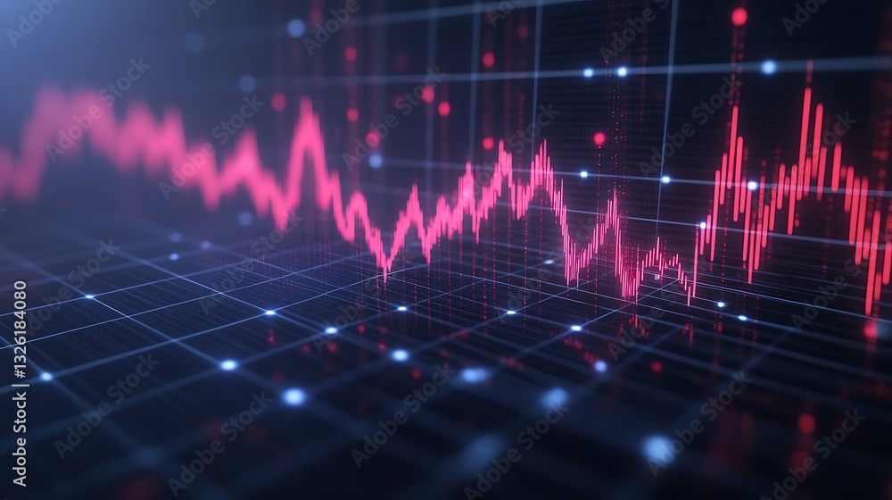 Poster abstract visualization of digital data analytics in red and blue with graph lines and grid backgroun