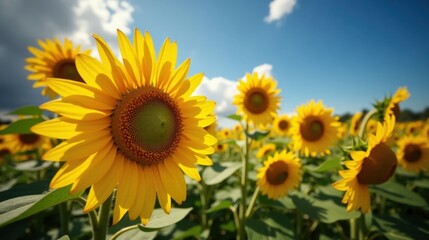 Fototapeta premium A bright sunflower field under a deep blue sky, golden petals (vibrant, sunlit) swaying gently in the warm breeze. The vivid contrast creates a cheerful, summery scene.