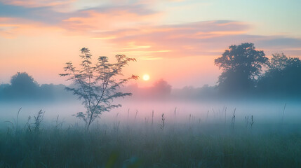 Beautiful foggy sunrise in English countryside with soft pastel sky and calm feeling : Generative AI