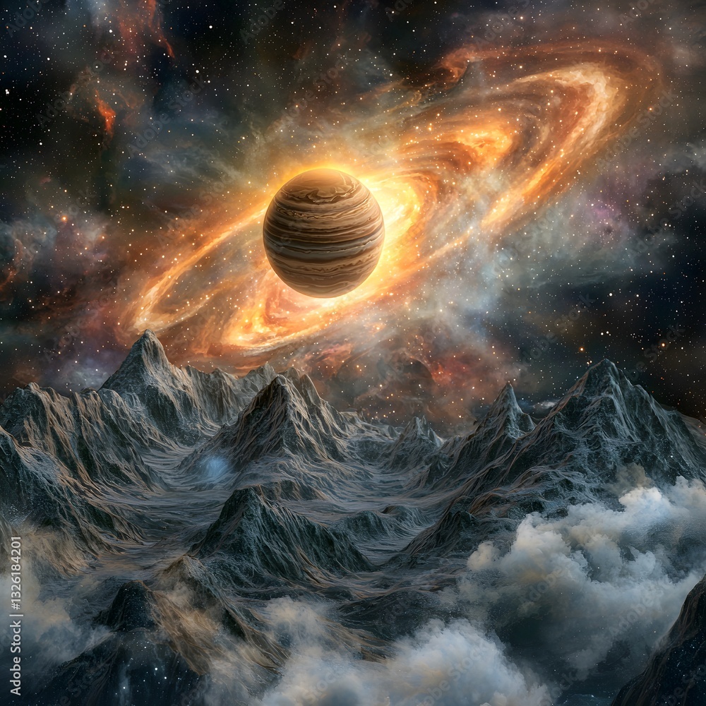 Poster glowing planet hovering gracefully above a swirling nebula with striking colors and celestial patter