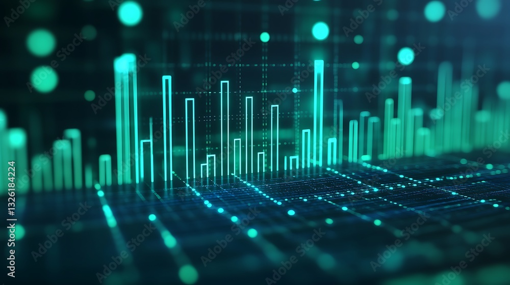 Poster abstract visualization of digital data with green lines and dots on a dark background for technology