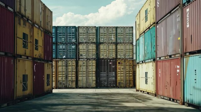 Warehouse environment filled with multiple empty shipping containers under a bright sky, Camera passing in front of multiple opened and empty shipping containers