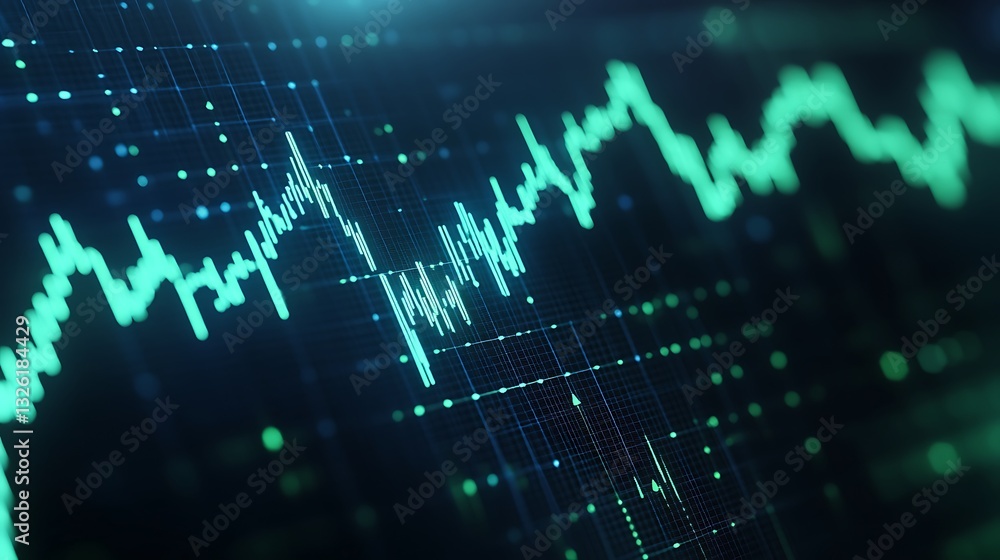 Poster abstract visualization of financial data trends and statistics in green tones with grid pattern back