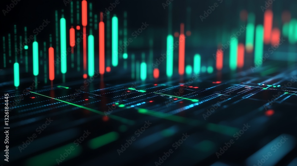 Poster abstract visualization of financial data trends with colorful digital bars and lines representing ma