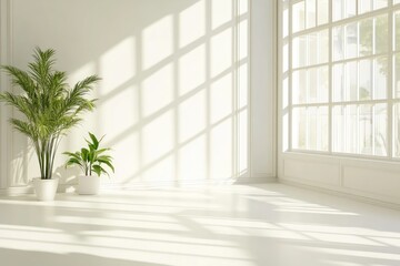 Bright and Airy Minimalistic Interior With Green Plants and Sunlit Shadows