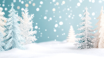 Obraz premium Whimsical winter forest with snowy paper cut pine trees under soft falling snowflakes serene seasonal scene