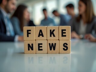 Wooden blocks spelling fake news on reflective table with blurred business people