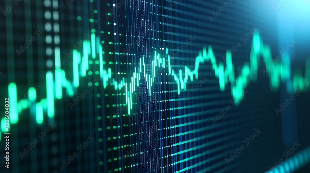 Poster advanced data visualization of stock market trends with green graphs on digital background
