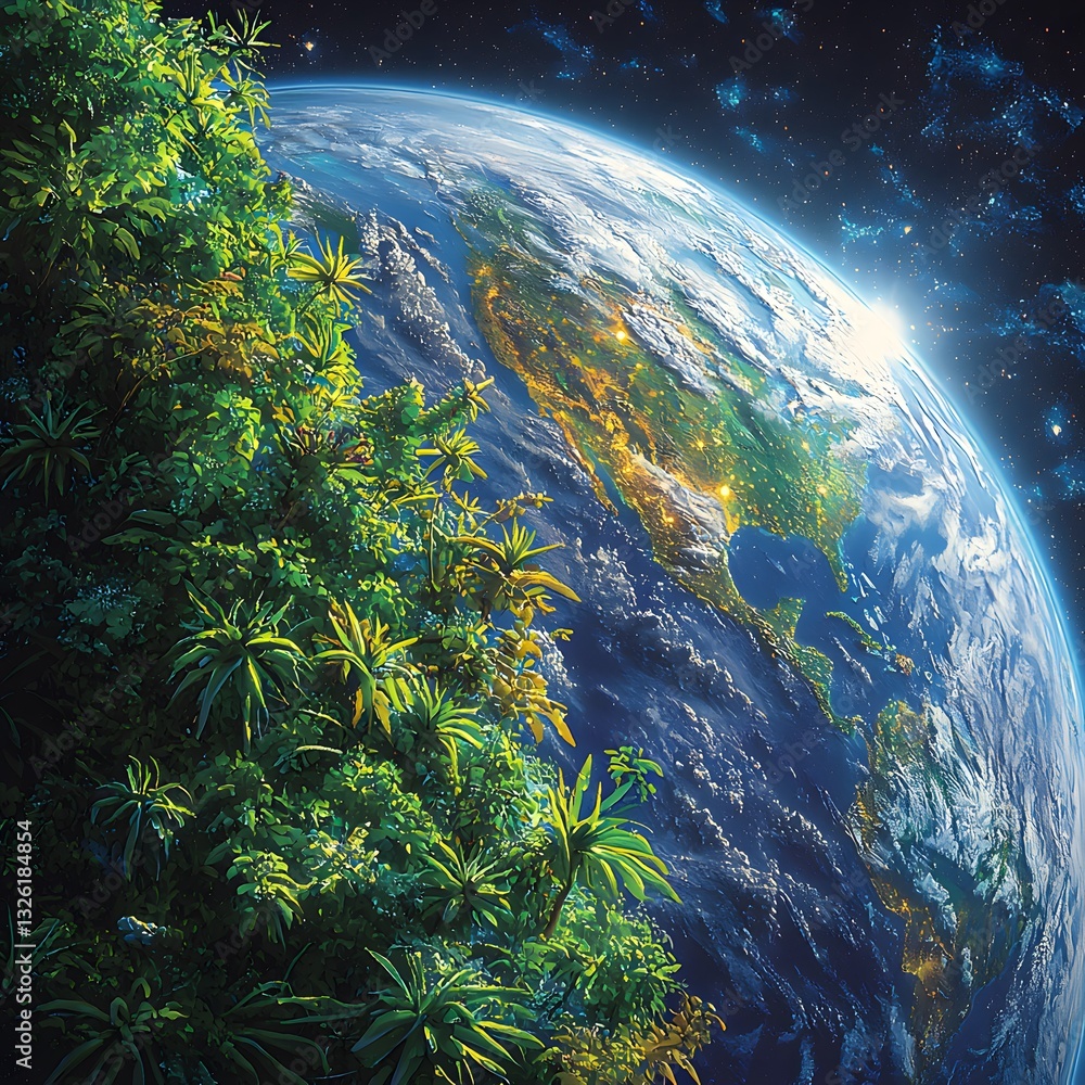 Poster alien planet featuring unique surface with a tree growing in foreground surrounded by a mysterious c