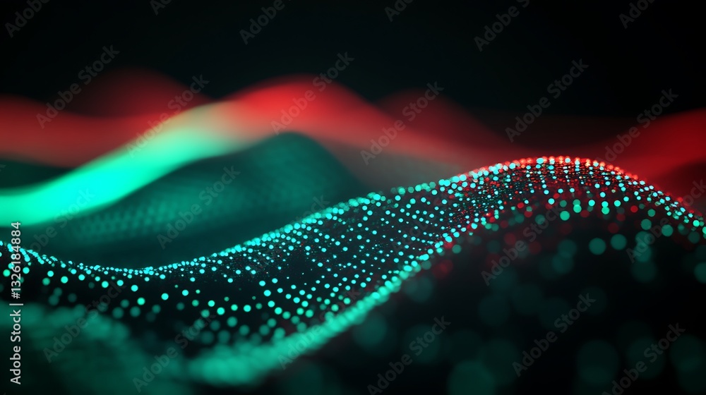 Poster Abstract wavy lines with glowing dots in green and red tones on a dark background for visual technology concepts
