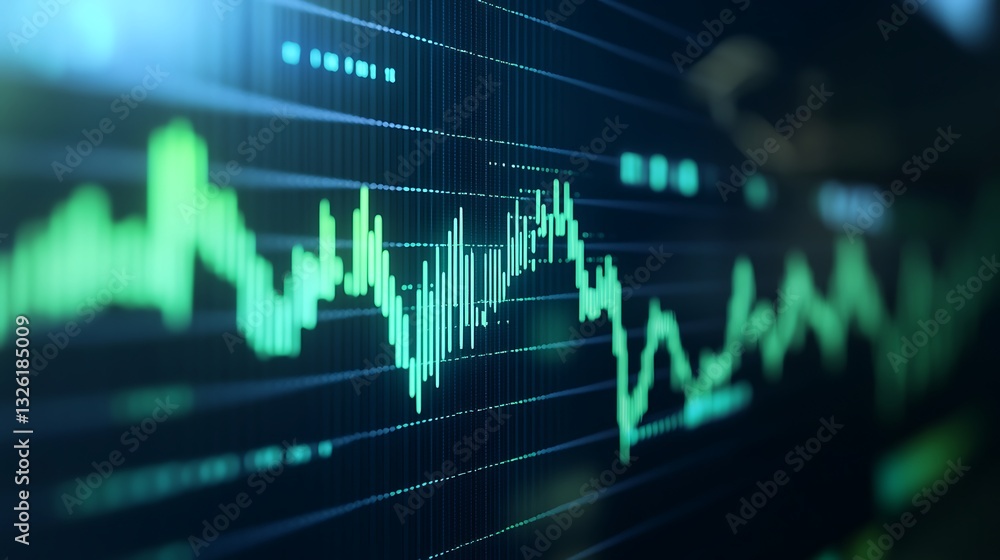 Poster close-up of bright green financial trading graph with dynamic lines and data points in abstract digi