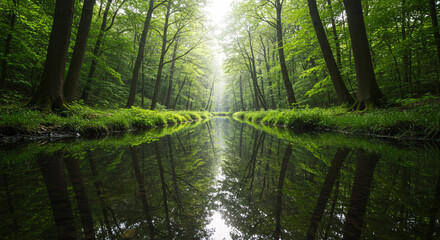Obraz premium Reflective waterway surrounded by first foliage in a lush forest