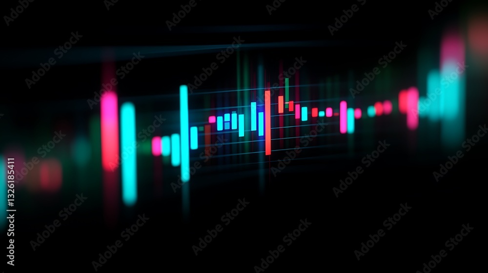 Poster colorful abstract digital graph with neon lines and candlestick representations in dark background