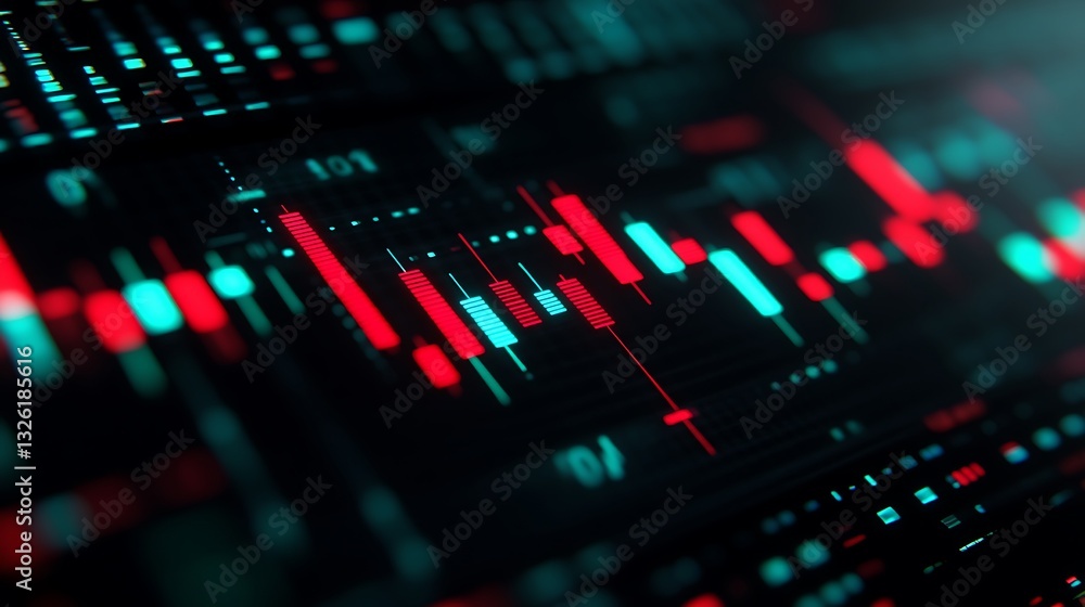 Poster colorful abstract visualization of financial market data with candlestick chart elements displaying 