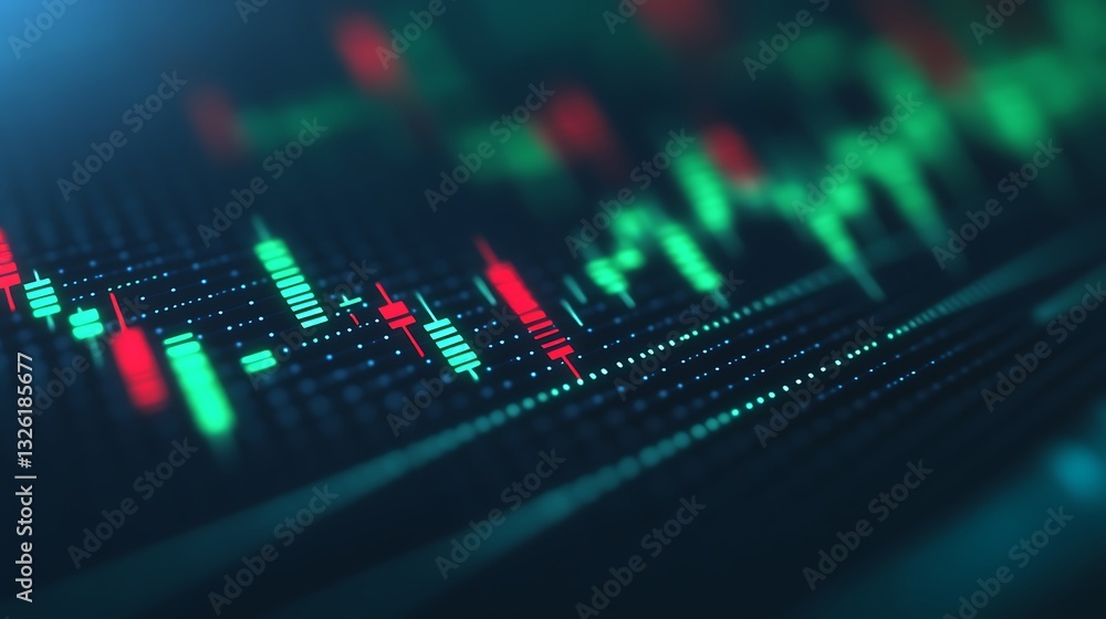 Poster colorful bar chart displaying financial data trends with green and red indicators on dark background