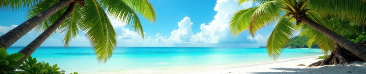Fototapeta premium Lush palms, turquoise water, white sand beach, calm, serene