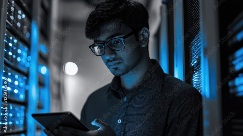 Poster a person monitoring computer equipment in a data center, looking at their mobile device for updates