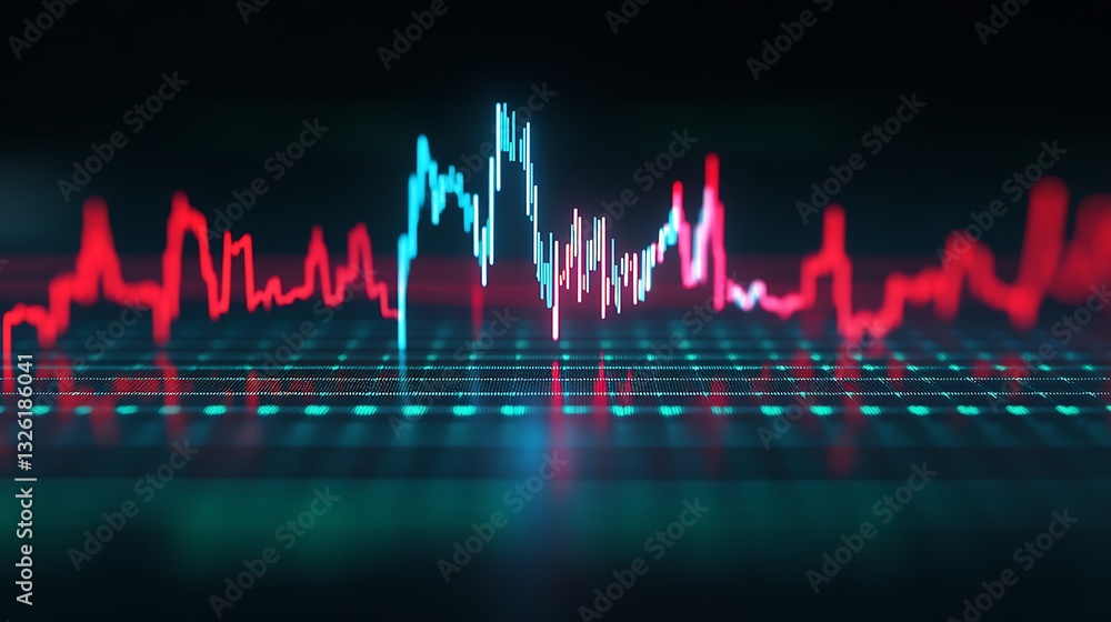Poster colorful digital financial graph with fluctuating lines and data points on a dark background