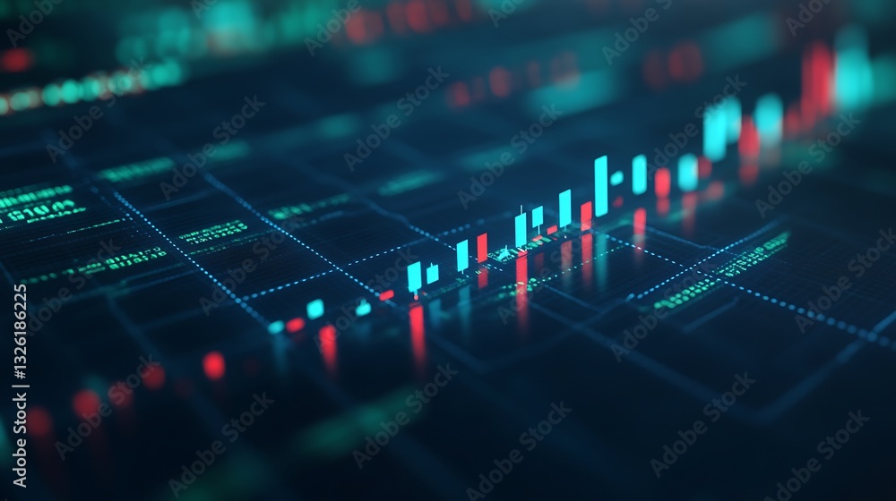 Poster colorful digital stock market chart showing bullish and bearish trends with data points and grid bac
