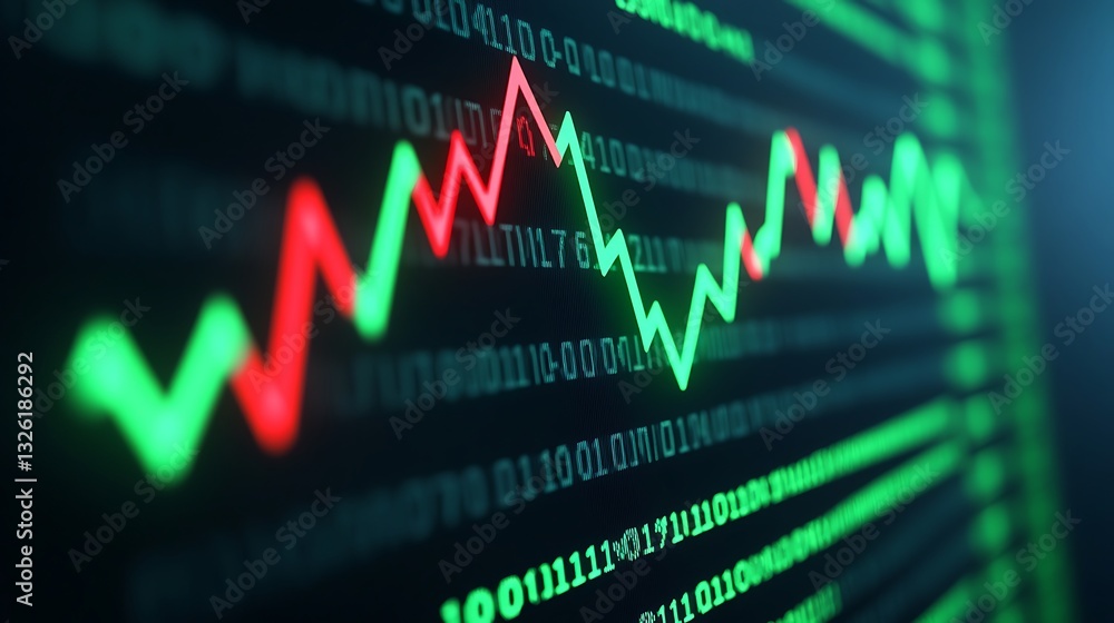 Poster colorful digital stock market graph displaying trends with red and green lines representing price ch