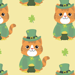 St. Patrick’s Day seamless pattern, vector illustration with a cartoon leprechaun cat, clovers, and gold coins for cheerful holiday designs