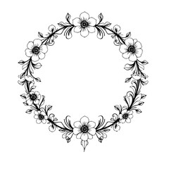 Intricate black-and-white floral wreath illustration, featuring detailed outlines of blossoms and foliage arranged in a circular frame, ideal for designs.
