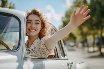 A woman is seen waving out the window of a moving car, possibly saying goodbye to someone