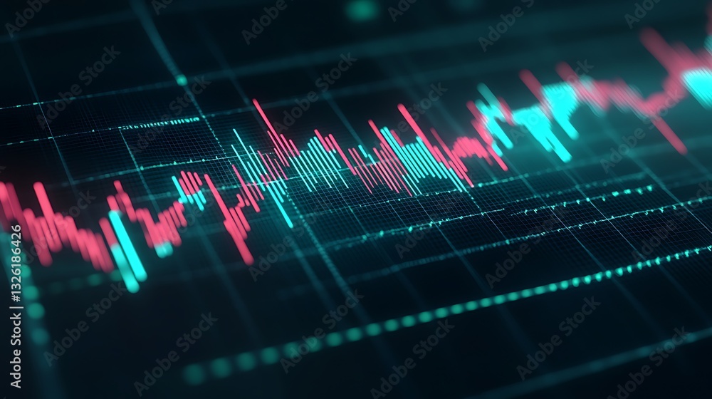 Poster colorful financial data visualization with abstract graph lines and candlestick chart indicators