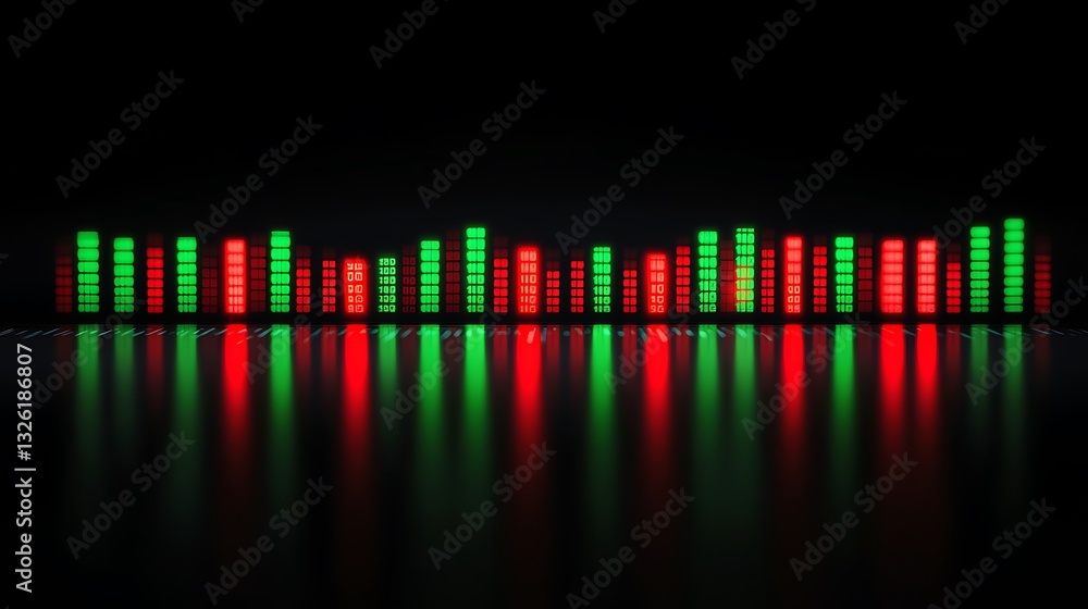 Poster colorful sound wave visualization with red and green bars reflecting on a dark background